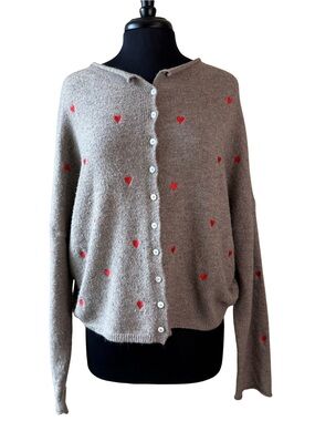 THINGS BETWEEN Hearts Embroidered Cardigan Sweater Size Large Tan Brown